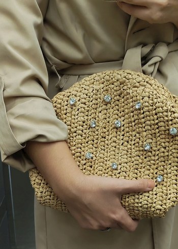 Nakışlı Bej Örgü Kadın Clutch Çanta - Görsel 4