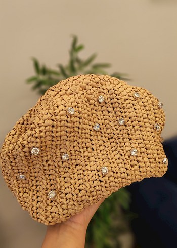 Nakışlı Bej Örgü Kadın Clutch Çanta - Görsel 2