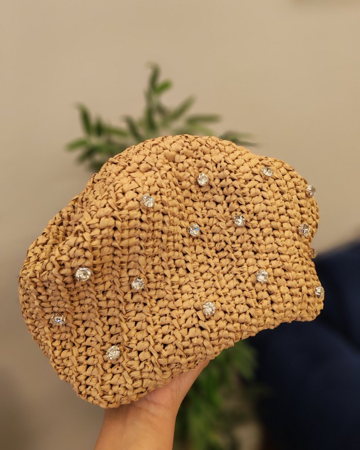 Nakışlı Bej Örgü Kadın Clutch Çanta - Görsel 2