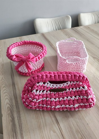 Pembe Örgü Sepet ve Çanta Seti - Görsel 2