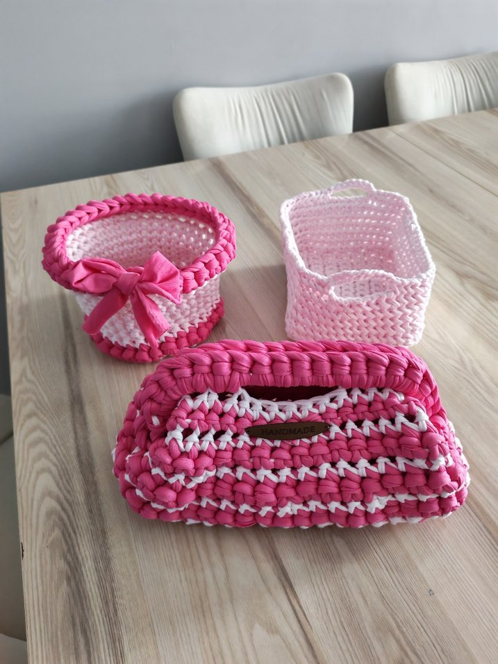Pembe Örgü Sepet ve Çanta Seti - Görsel 2