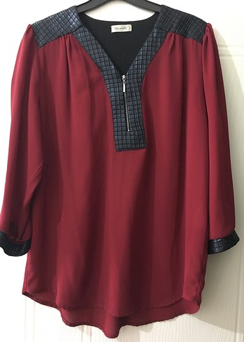 Bordo V Yaka Siyah Deri Fermuarlı - Görsel 2