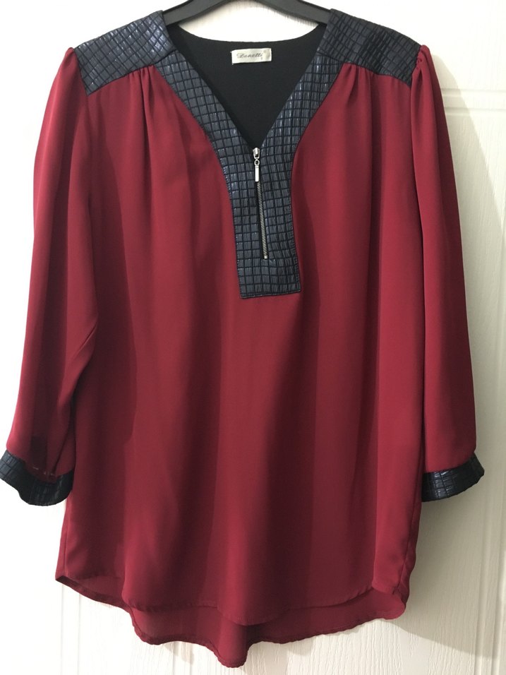 Bordo V Yaka Siyah Deri Fermuarlı - Görsel 2