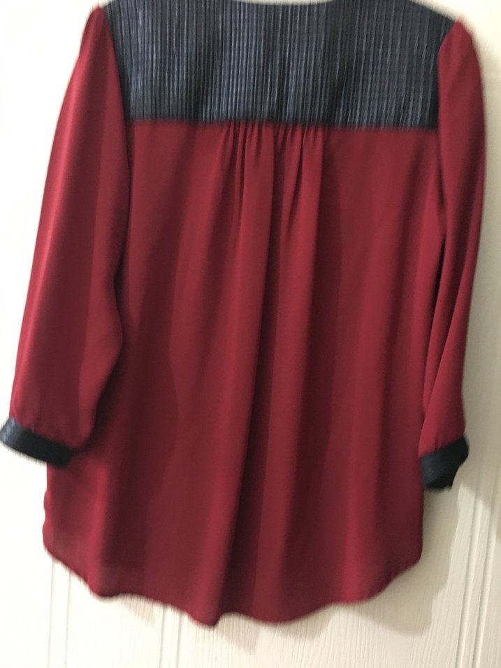 Bordo V Yaka Siyah Deri Fermuarlı - Görsel 3