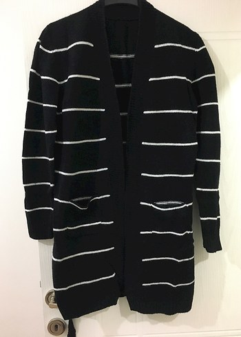 Çizgili Siyah Triko Midi Hırka - Görsel 2