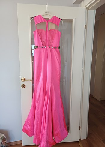 Pembe Uzun Abiye Elbise Drapeli ve Taş Detaylı - Görsel 5