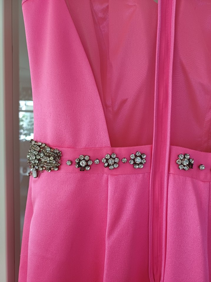 Pembe Uzun Abiye Elbise Drapeli ve Taş Detaylı - Görsel 4