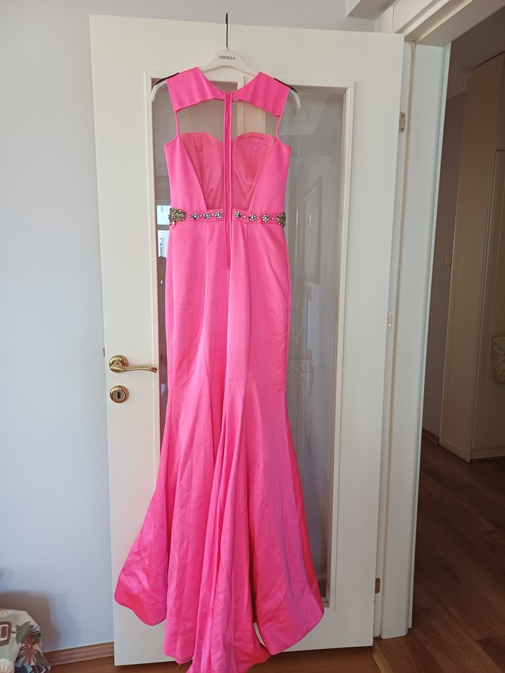 Pembe Uzun Abiye Elbise Drapeli ve Taş Detaylı - Görsel 5