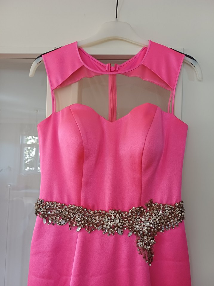 Pembe Uzun Abiye Elbise Drapeli ve Taş Detaylı - Görsel 2