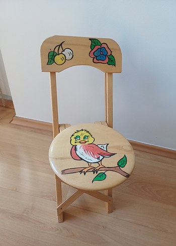 Renkli Çocuk Sandalyesi Ahşap Kuş Desenli