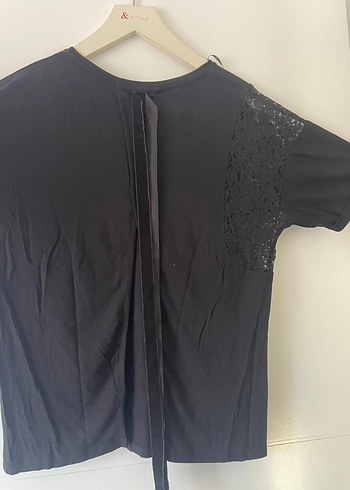 m Beden siyah Renk Dantel Detaylı Siyah Kısa Kollu Bluz
