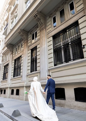 46 Beden Drapeli Krem Uzun Bohem Tesettür Nişan Elbisesi