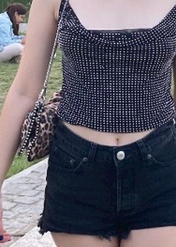 Parlak Taşlı Tül Crop Bluz