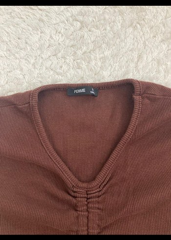 Kahverengi V Yaka Örme Keten Bluz - Görsel 3