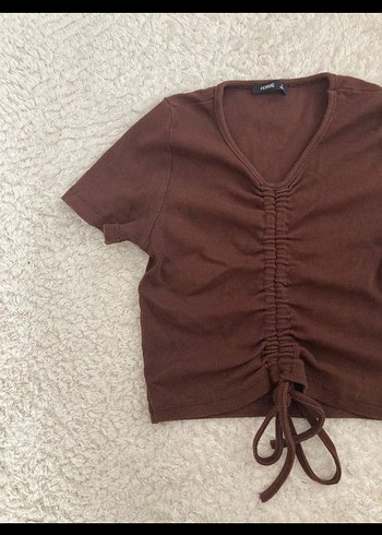 Kahverengi V Yaka Örme Keten Bluz - Görsel 2