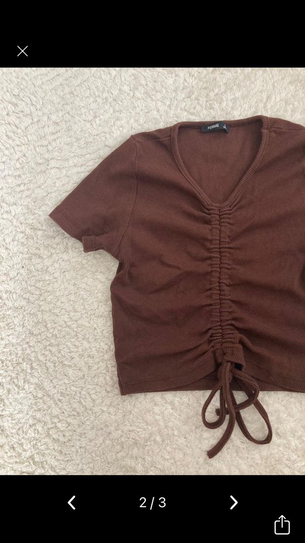 Kahverengi V Yaka Örme Keten Bluz - Görsel 2