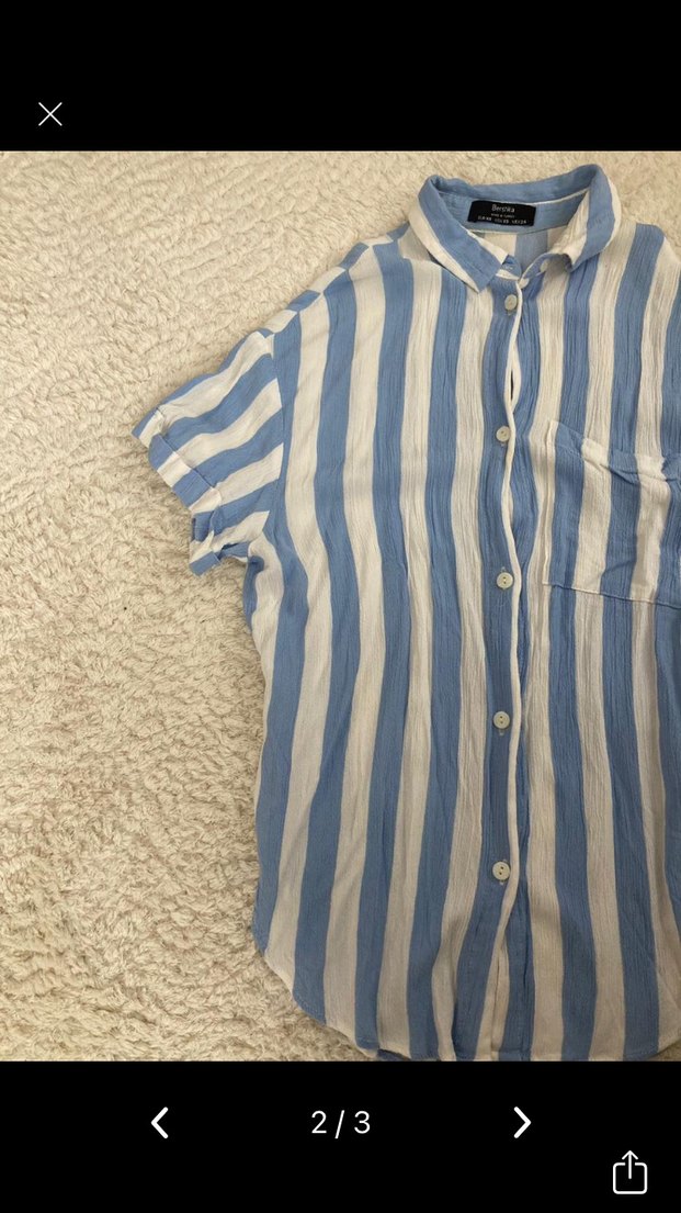 Mavi Beyaz Çizgili Kısa Kollu Gömlek - Görsel 2