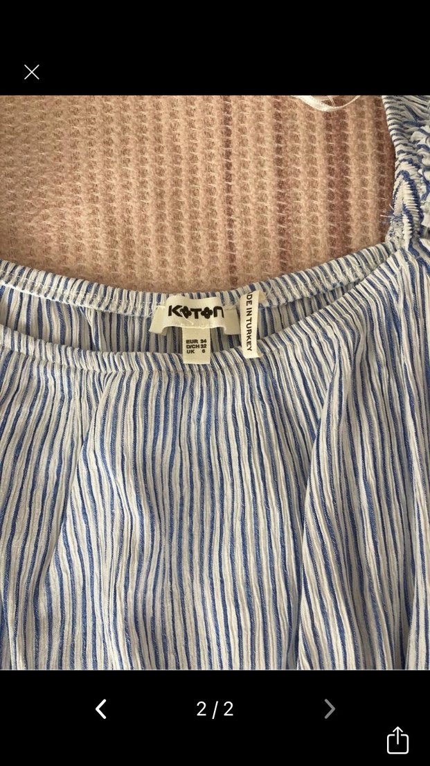 Mavi Kısa Kollu Pilili Keten Bluz - Görsel 2