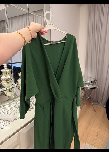 Yeşil Kruvaze Yaka Kuşaklı Uzun Elbise - Görsel 2