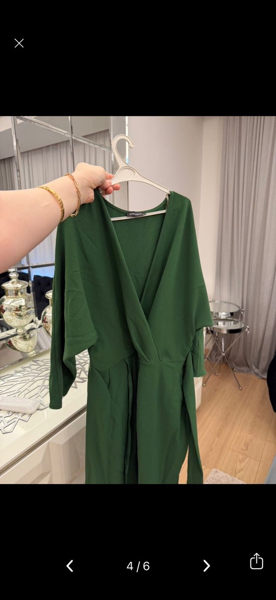 Yeşil Kruvaze Yaka Kuşaklı Uzun Elbise - Görsel 2