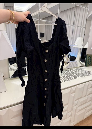 Düğmeli Siyah Mini Elbise - Görsel 2