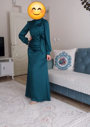 Uzun Kollu Drapeli Turkuaz Abiye Elbise
