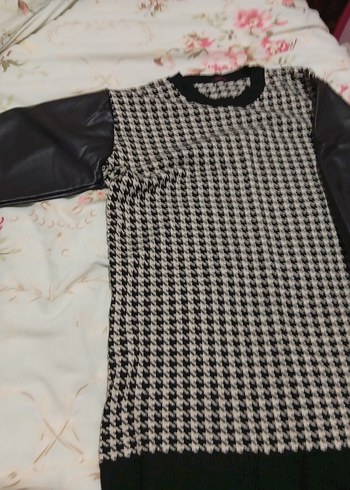 Siyah Kazayağı Desenli derı kollu tunık kazak - Görsel 3