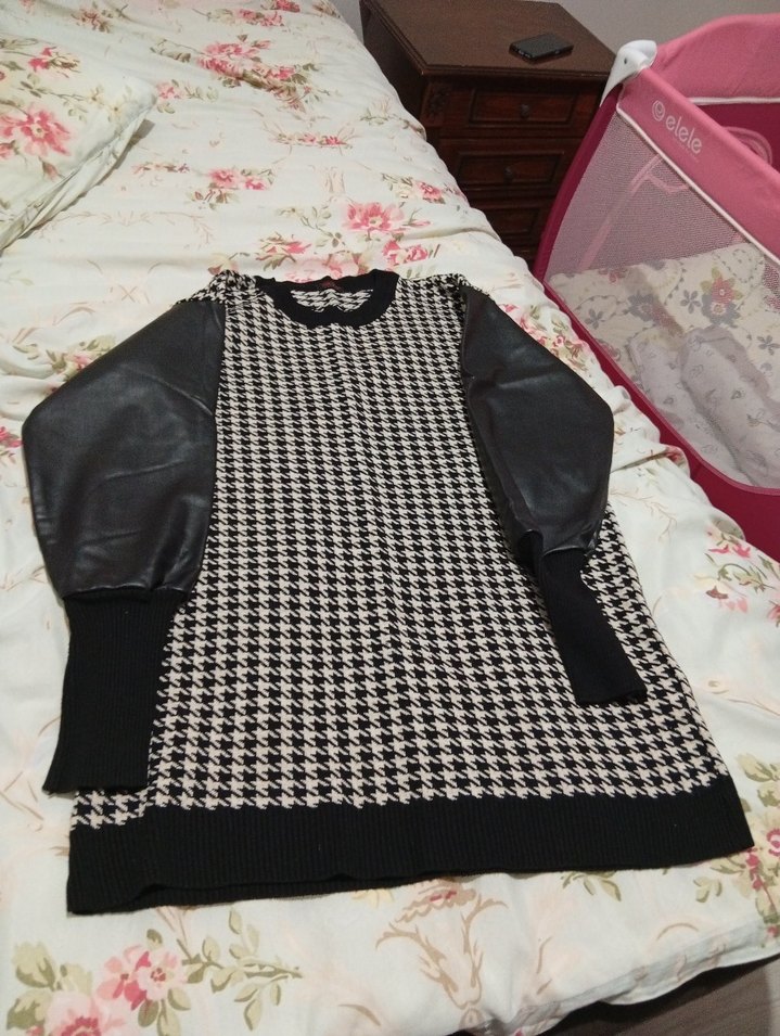 Siyah Kazayağı Desenli derı kollu tunık kazak - Görsel 4