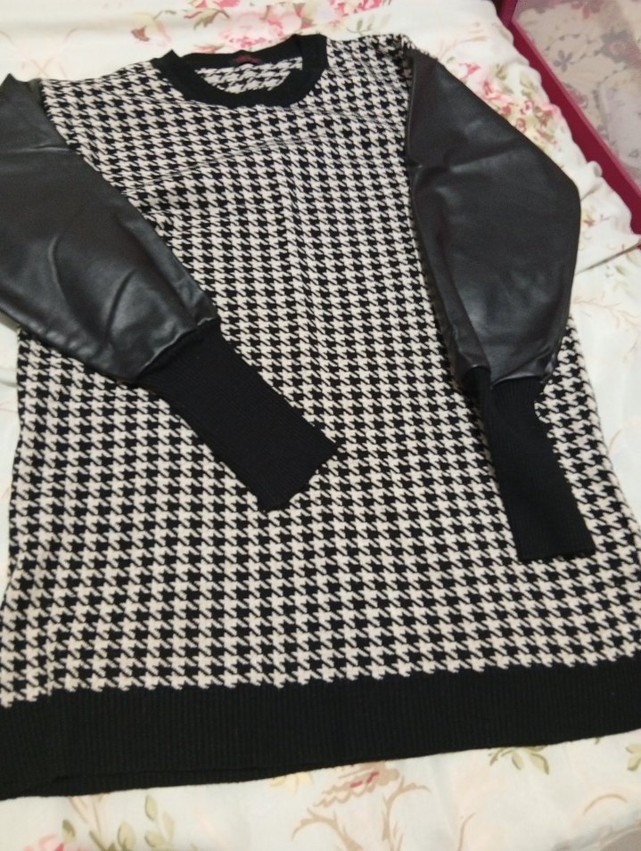 Siyah Kazayağı Desenli derı kollu tunık kazak - Görsel 2