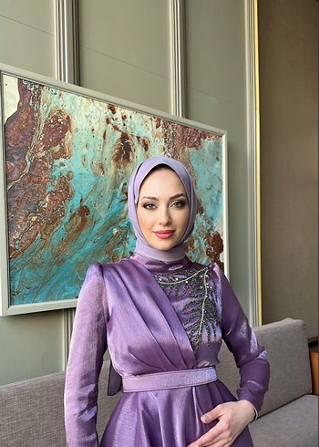 Abiye Uzun Kollu Yüksek Yakalı Mor Abiye Elbise