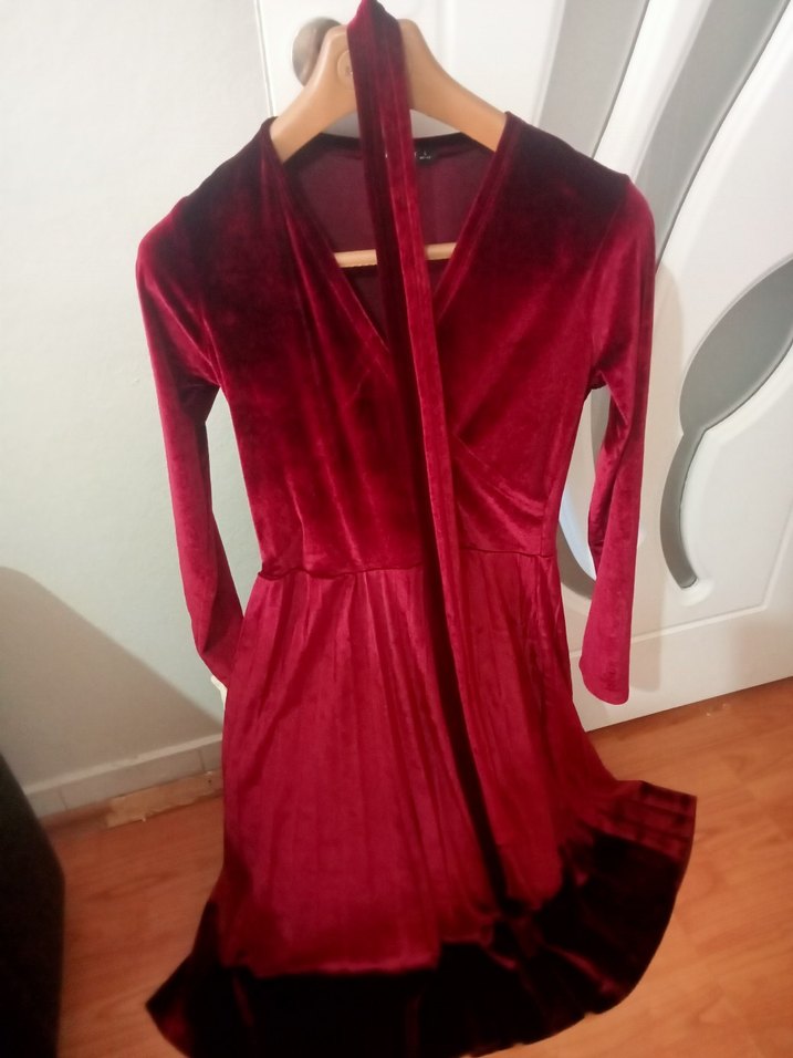 Bordo Kadın Uzun Süet Elbise - Görsel 3