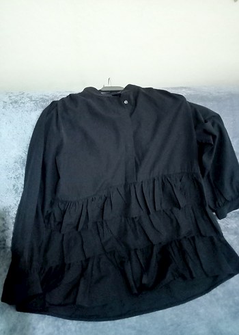 Siyah Midi Keten gömlek Fırfır Detaylı - Görsel 3