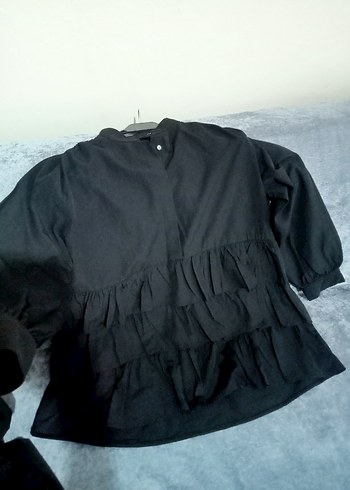 Siyah Midi Keten gömlek Fırfır Detaylı - Görsel 5