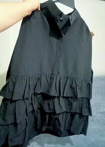 Siyah Midi Keten gömlek Fırfır Detaylı - Görsel 4