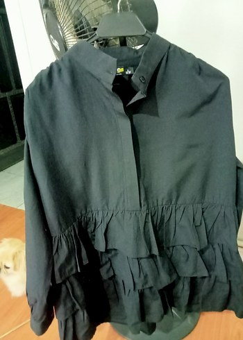 Siyah Midi Keten gömlek Fırfır Detaylı - Görsel 2