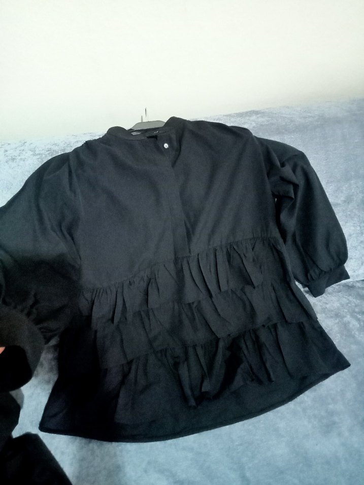 Siyah Midi Keten gömlek Fırfır Detaylı - Görsel 5