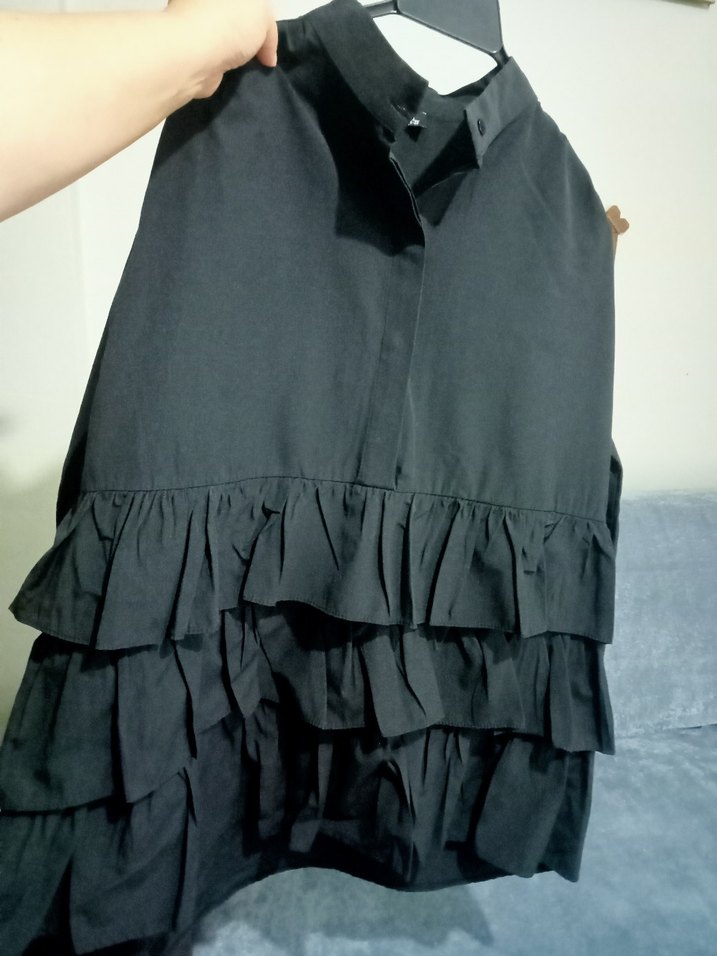 Siyah Midi Keten gömlek Fırfır Detaylı - Görsel 4