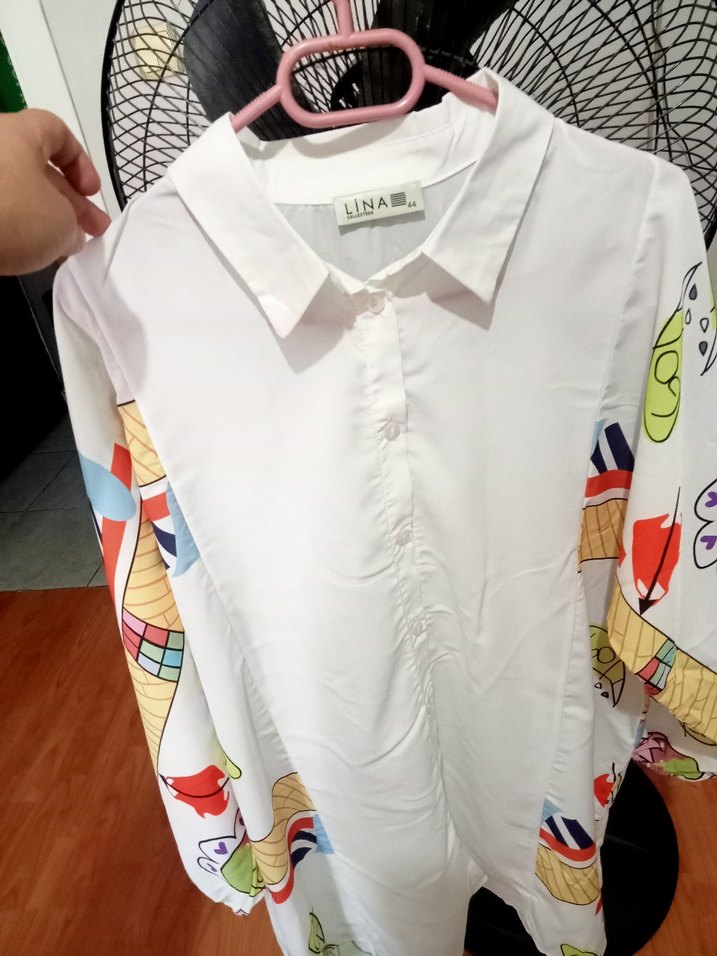 Beyaz Desenli Uzun Kollu Kadın Gömlek - Görsel 3