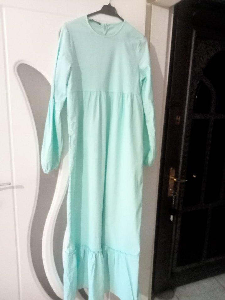 Turkuaz Uzun Kollu Keten Elbise - Görsel 2