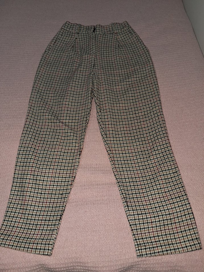 Düğmeli Kareli Midi Kadın Kumaş Pantolon - Görsel 5