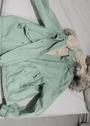 Peluş Detaylı su yeşili Midi Kışlık Kadın Mont - Görsel 2