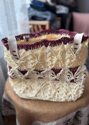 Diğer Bordo Nakışlı Dantel Detaylı Örgü Kadın Çanta
