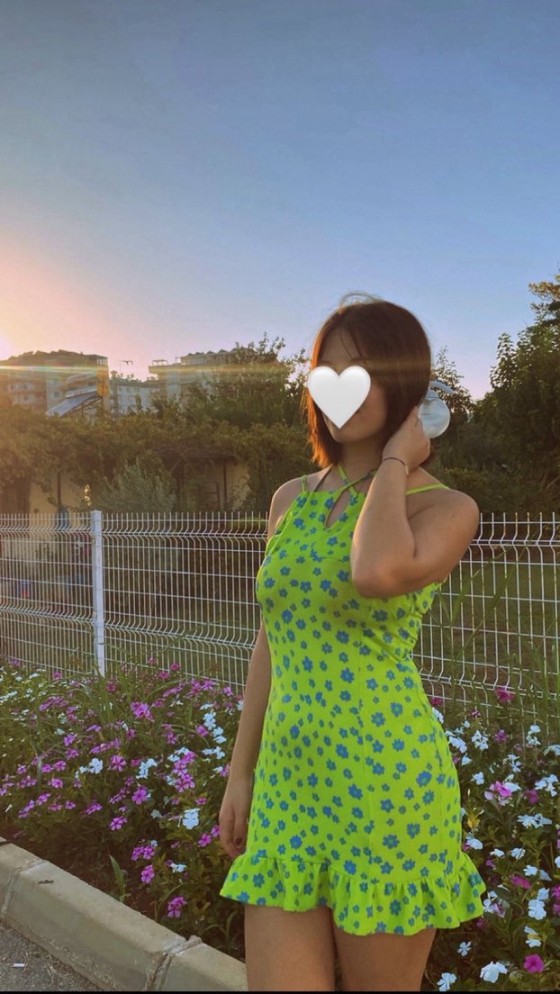 Yeşil mavi çiçekli Kadın Elbise - Görsel 2