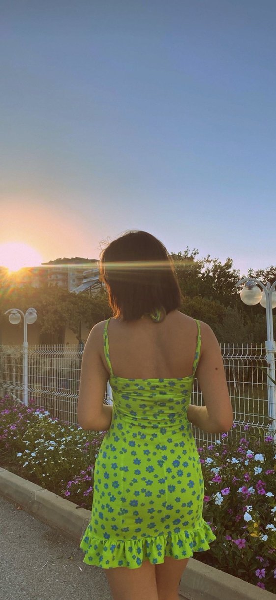 Yeşil mavi çiçekli Kadın Elbise - Görsel 3