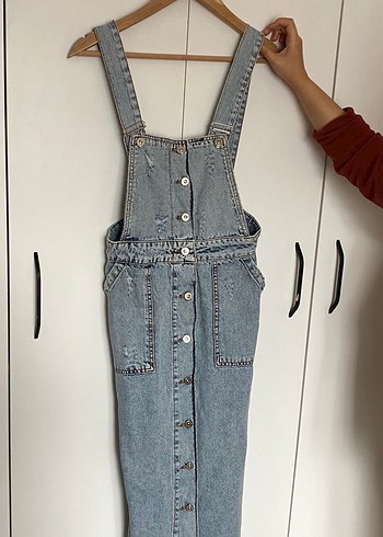 Düğmeli Mavi Denim Salopet Elbise