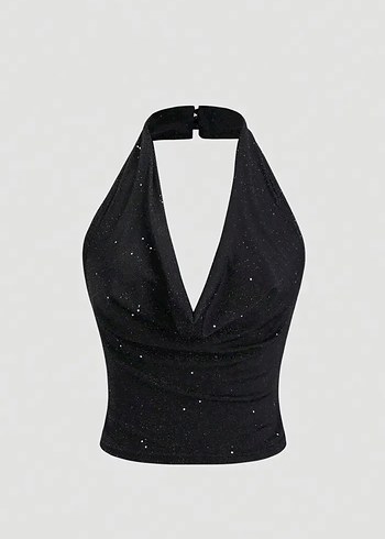 Siyah Parlak Halter Yaka Mini crop