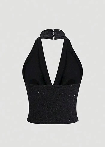 Diğer Siyah Parlak Halter Yaka Mini crop