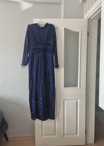 Uzun Kollu Lacivert Payetli Abiye Elbise - Görsel 3