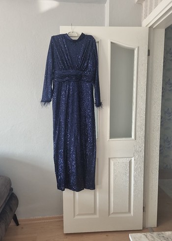 Uzun Kollu Lacivert Payetli Abiye Elbise - Görsel 2