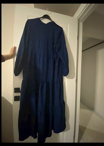 Lacivert Uzun Keten Elbise - Görsel 2